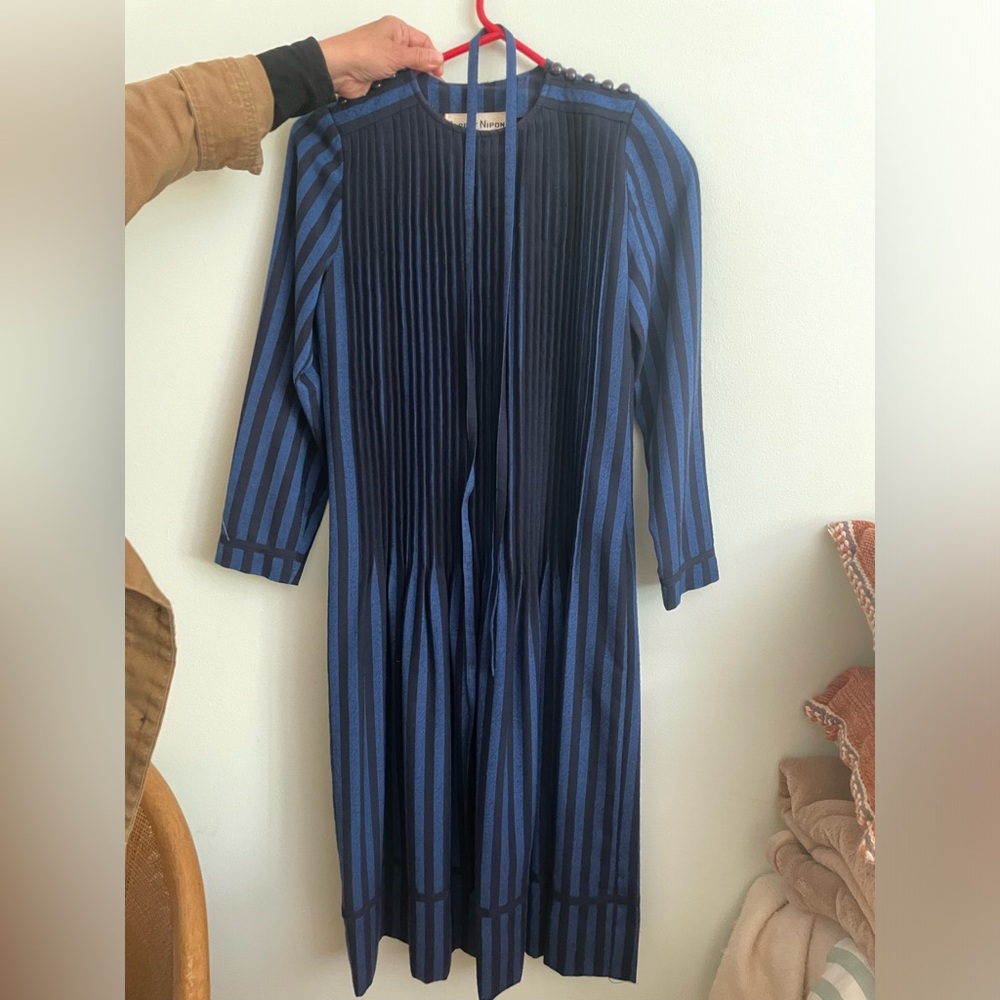 Navy Albert Nipon striped wool dress with string belt